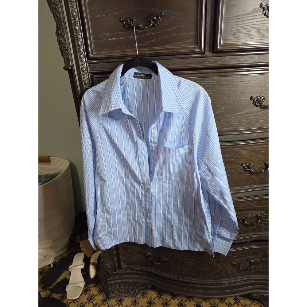 On Twelfth Blue White Striped Button Down Shirt Long Sleeve Size S Pocket